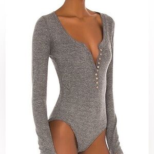 Free People Dark Gray Long Sleeve Henley Bodysuit